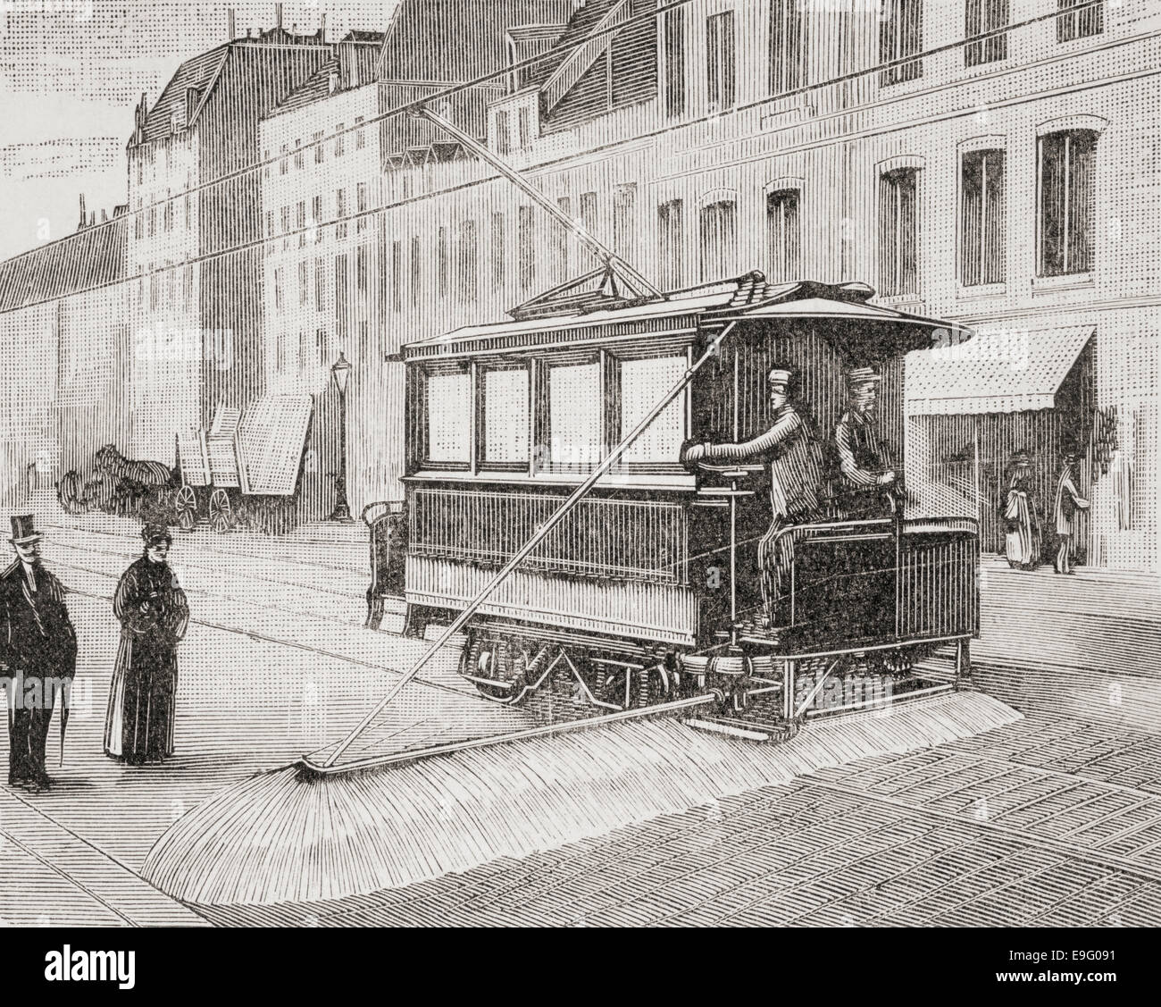 Eine elektrische Straßenbahn, die für die Reinigung der Straßen in Spanien im 19. Jahrhundert verwendet. Stockfoto