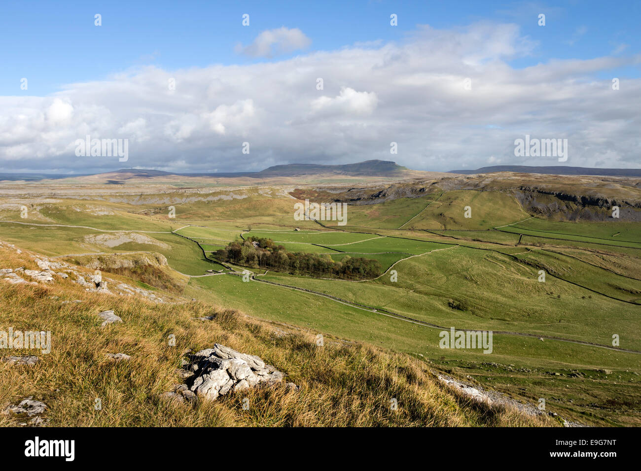 Ansicht Osten über Crummack Dale in Richtung der Berg von Pen-y-Gent, Yorkshire Dales UK Stockfoto