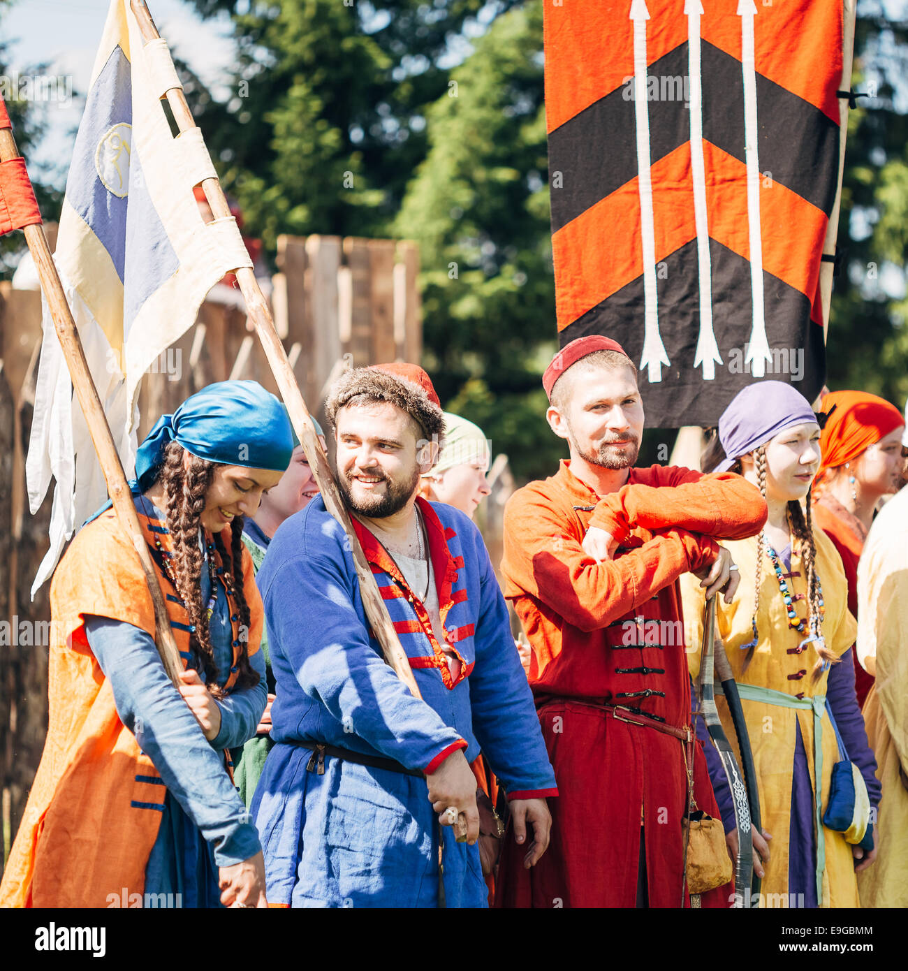 MINSK - 19 JUL: Krieger Teilnehmer des VI Festival der mittelalterlichen Kultur 'Our Grunwald' 604 Jubiläum der Schlacht gewidmet Stockfoto