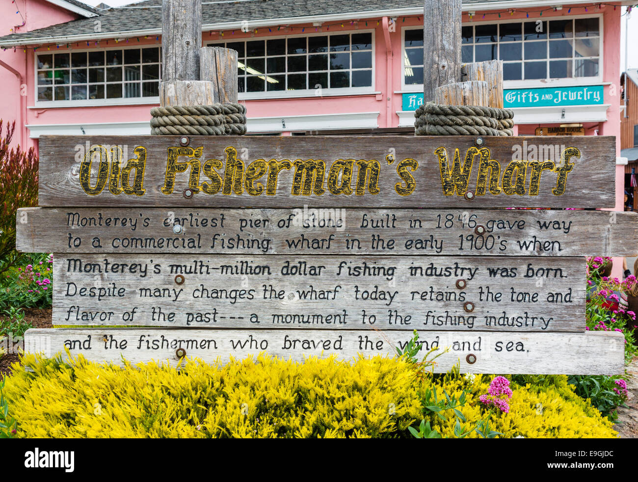 Schild am alten Fisherman Wharf, Monterey, Kalifornien, USA Stockfoto