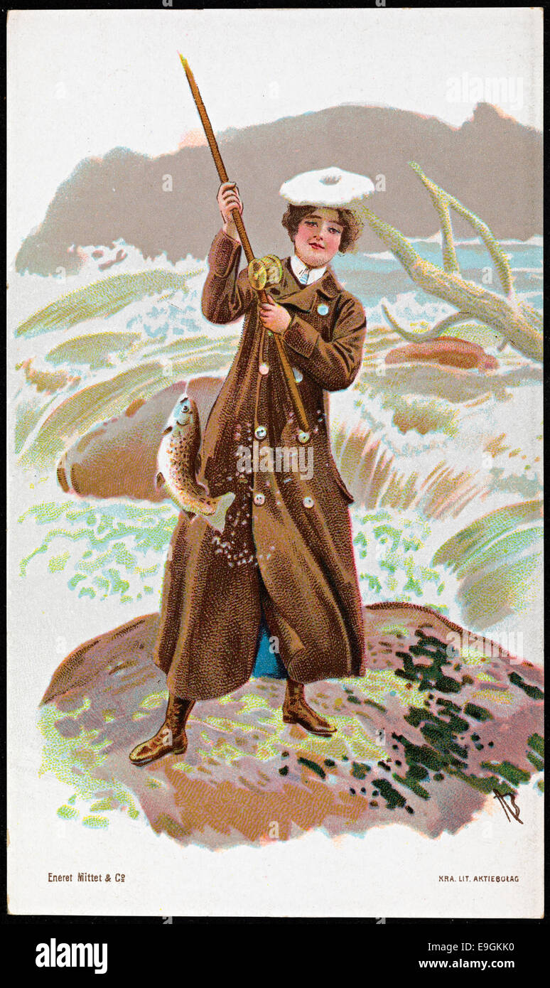 Diese um 1900 entstandene Illustration von Andreas Bloch zeigt eine Angelfrau, die die Freizeitaktivitäten des frühen 20. Jahrhunderts widerspiegelt. Es wurde von Mittet & Co. Veröffentlicht und ist Teil der Postkartensammlung der Nationalbibliothek Norwegens, die die Teilnahme von Frauen an Outdoor-Sportarten während dieser Zeit zeigt. Stockfoto