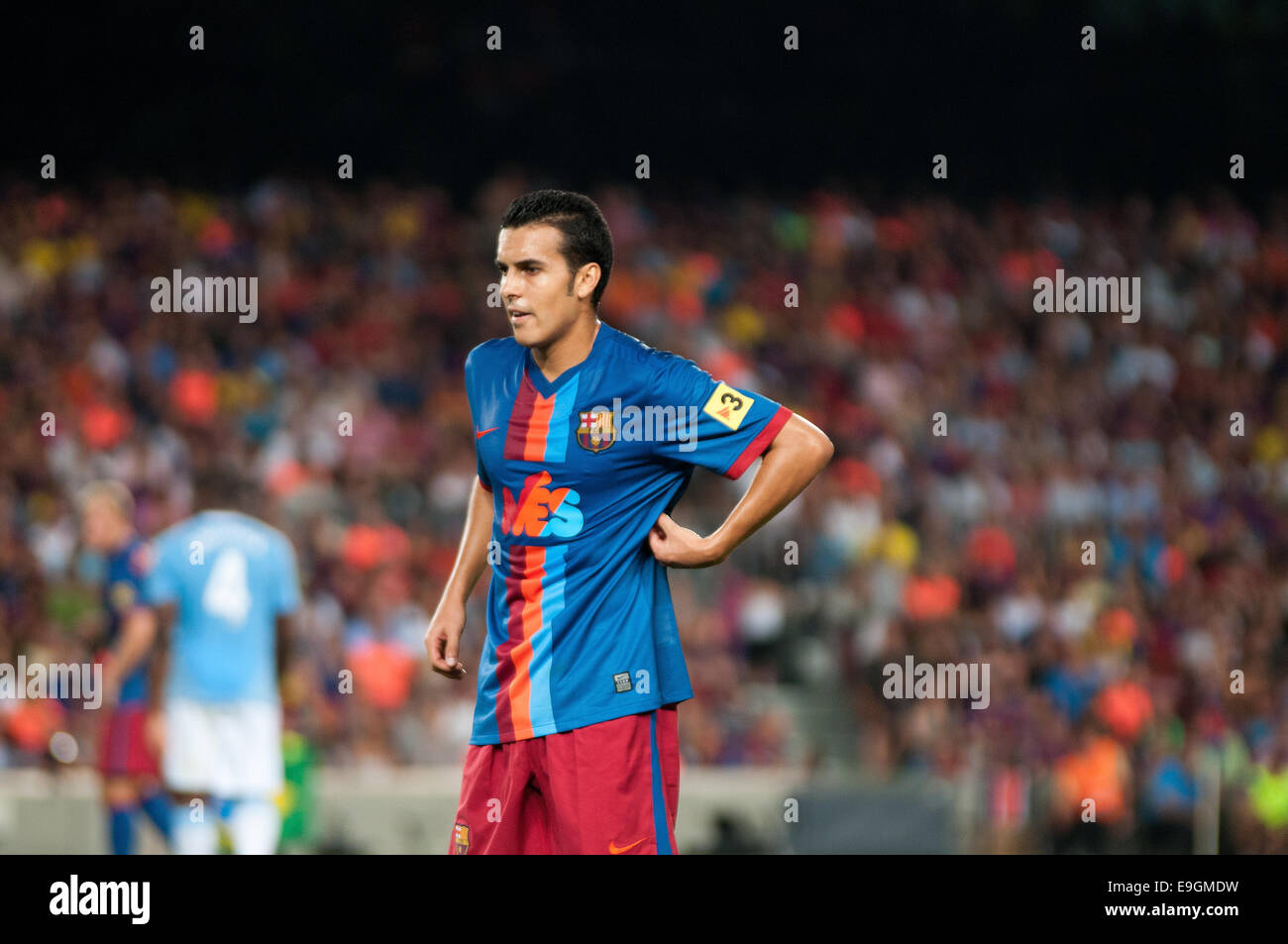 BARCELONA - AUG 19: Pedro Eliezer Rodríguez Ledesma, F.C Barcelona-Spieler spielt gegen Manchester City. Joan Gamper Throphy. Stockfoto