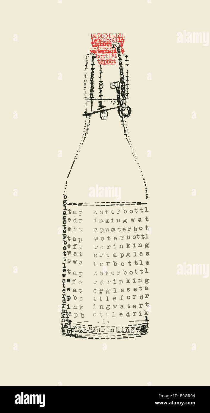 eine Flasche Wasser aus dem Wasserhahn in der Schreibmaschine Kunst Stockfoto