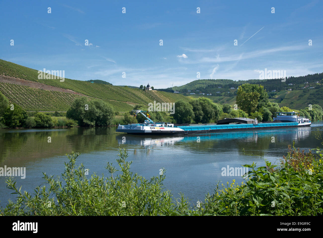 Lastkahn auf Fluss Trittenheim Mosel Moseltal Deutschland Stockfoto