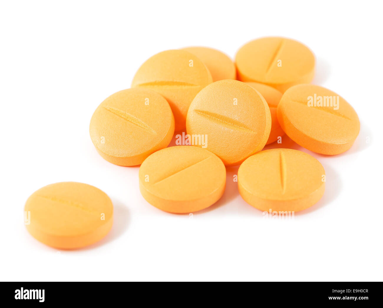 Gelben Pillen isoliert auf weißem Hintergrund Stockfoto