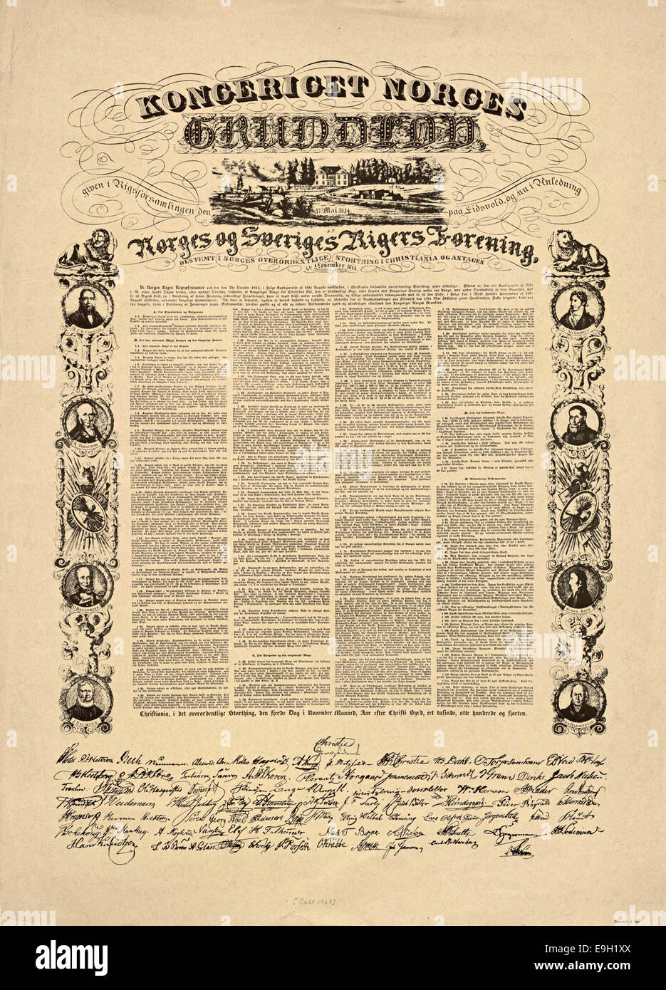 Dieses Bild zeigt ein politisches Poster zur Erinnerung an die norwegische Verfassung von 1814, ein wichtiges Dokument in der Geschichte des Landes. Das Bild ist Teil der Sammlung Nasjonalbiblioteket (Nationalbibliothek Norwegens). Stockfoto