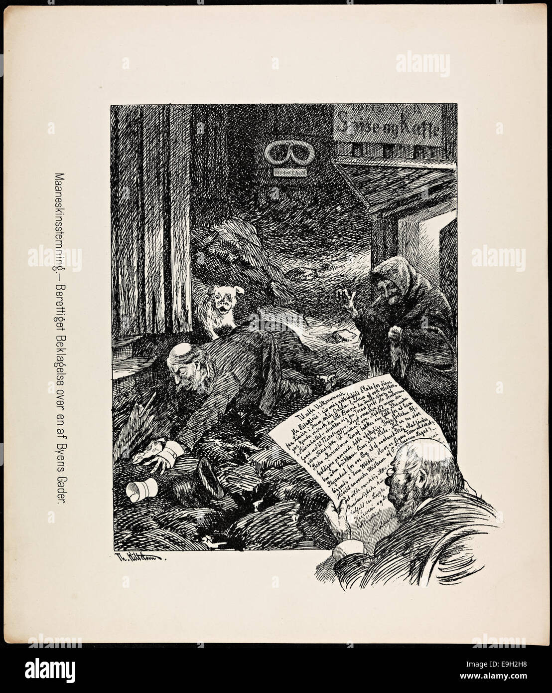 Zeichentrickillustration von Theodor Kittelsen mit dem Titel „Maaneskinsstemning - Berettiget Beklagelse over en af Byens Gader“, die eine Straßenszene der Stadt mit Mondlicht darstellt. Stockfoto