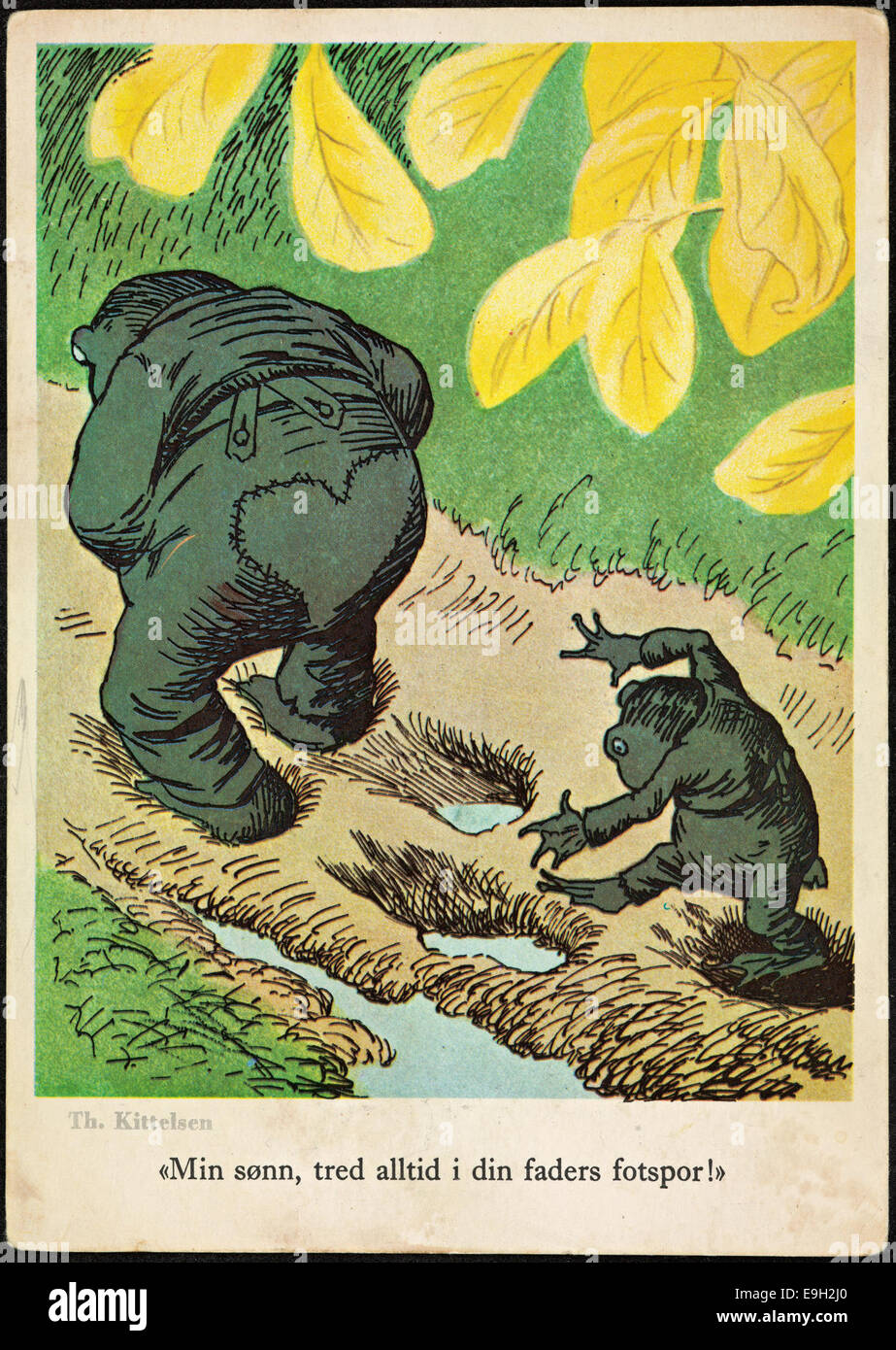 Eine Postkarte mit dem Werk von Theodor Kittelsen, mit dem norwegischen Spruch "mein Sohn, Folge immer in die Fußstapfen deines Vaters". Das Bild veranschaulicht die moralische Lehre der Befolgung von Familientraditionen, dargestellt durch eine künstlerische Darstellung von Tieren oder Figuren. Stockfoto