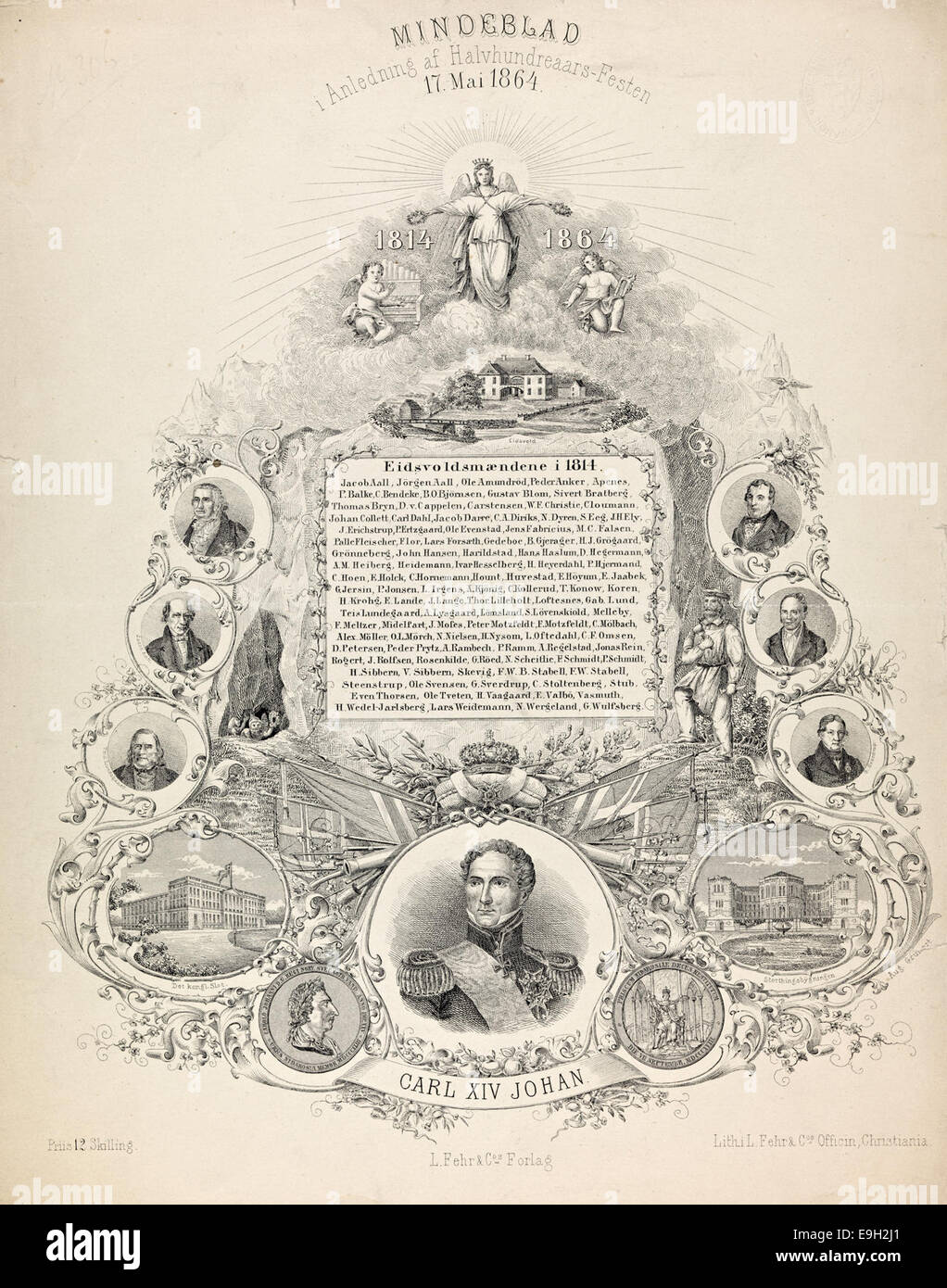 Eine Lithografie zum 50. Jahrestag der norwegischen Verfassung von 1814, die am 17. Mai 1864 gefeiert wurde. Das Bild würdigt die historische Bedeutung des Tages und Carl Johan XIV Stockfoto