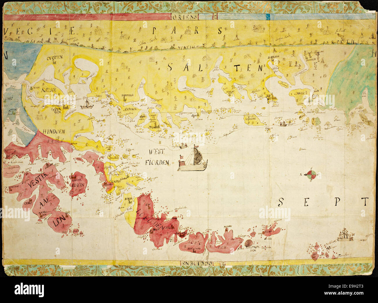 Eine handgezeichnete Manuskriptkarte der norwegischen Küste aus der Norlandiakartet-Serie. Die Karte, die im 19. Jahrhundert erstellt wurde, zeigt die norwegische Küste und nautische Routen. Stockfoto