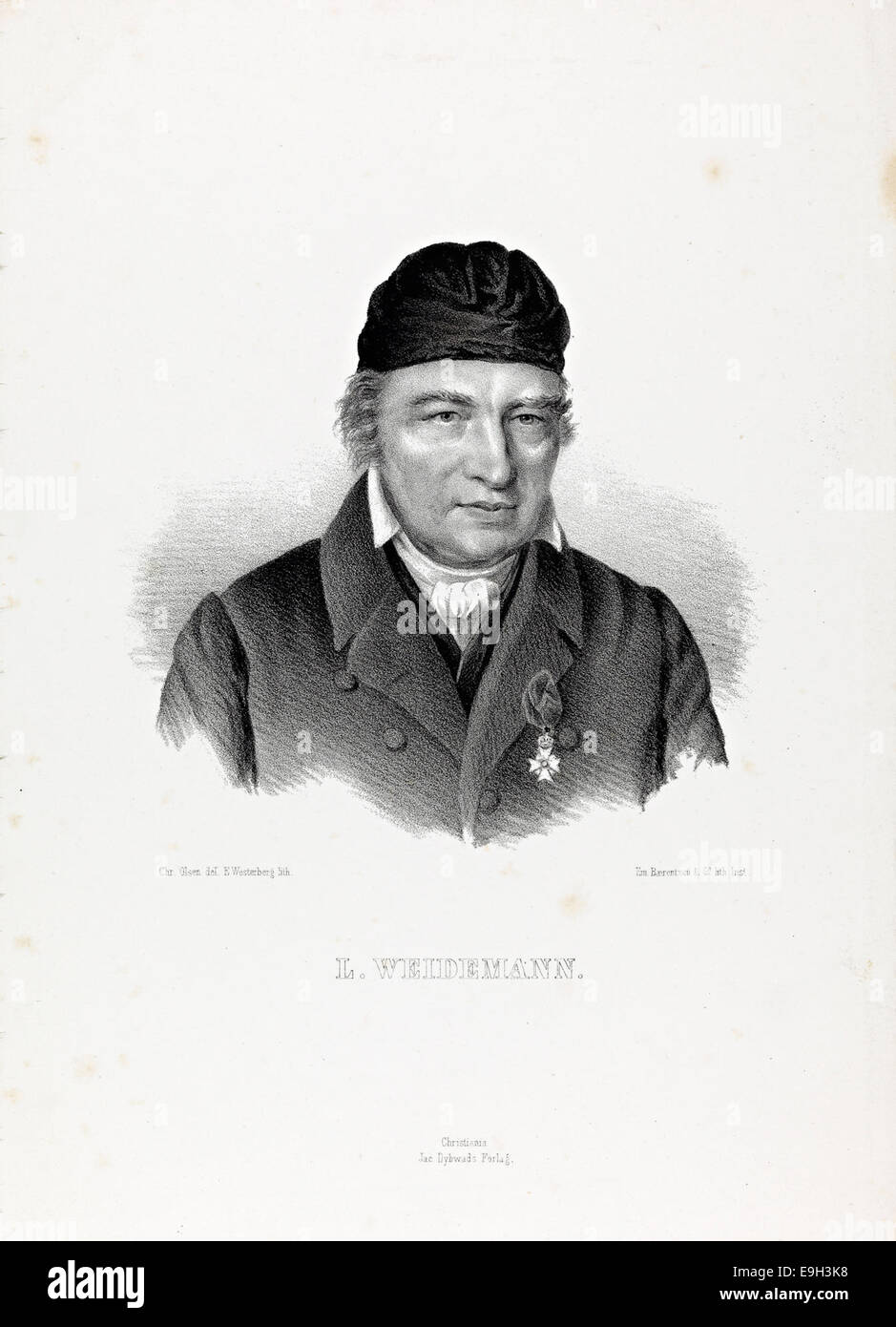 Ein Lithographisches Porträt von Lauritz Weidemann, einem der norwegischen Gründungsväter. Das Bild stammt aus der norwegischen Nationalbibliothek und repräsentiert die Eidsvoll-Männer, die eine Schlüsselrolle bei der Unabhängigkeit Norwegens spielten. Stockfoto