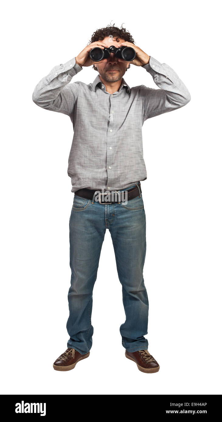 Mann mit dem Fernglas isoliert auf weißem Hintergrund Stockfoto