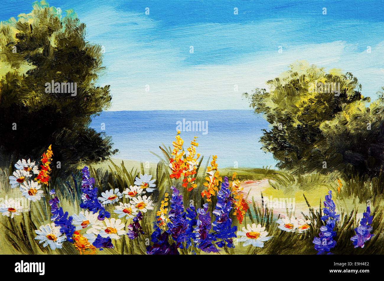 Ölgemälde Blumen in der Nähe von Meer, Kamille Feld, Sonnenuntergang Stockfoto