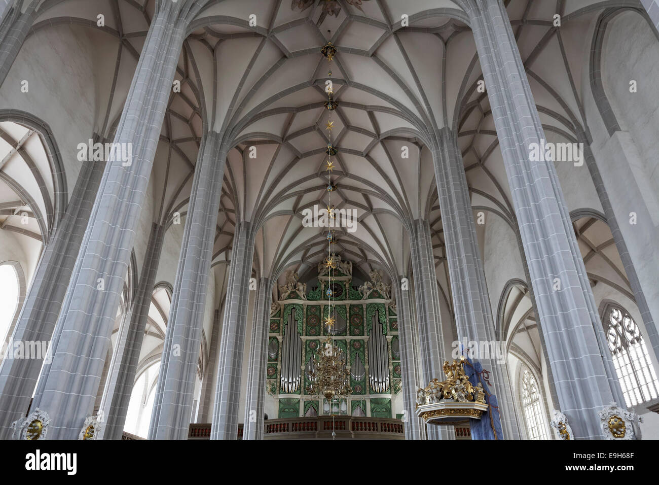 Gewölbte Decken und Sun-Orgel von Eugenio Casparini, Pfarrkirche St. Peter und Paul, Görlitz, Sachsen, Deutschland Stockfoto