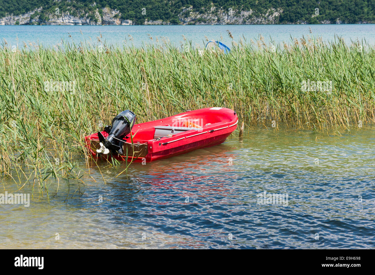 Rotes Boot im Schilf am See Stockfoto