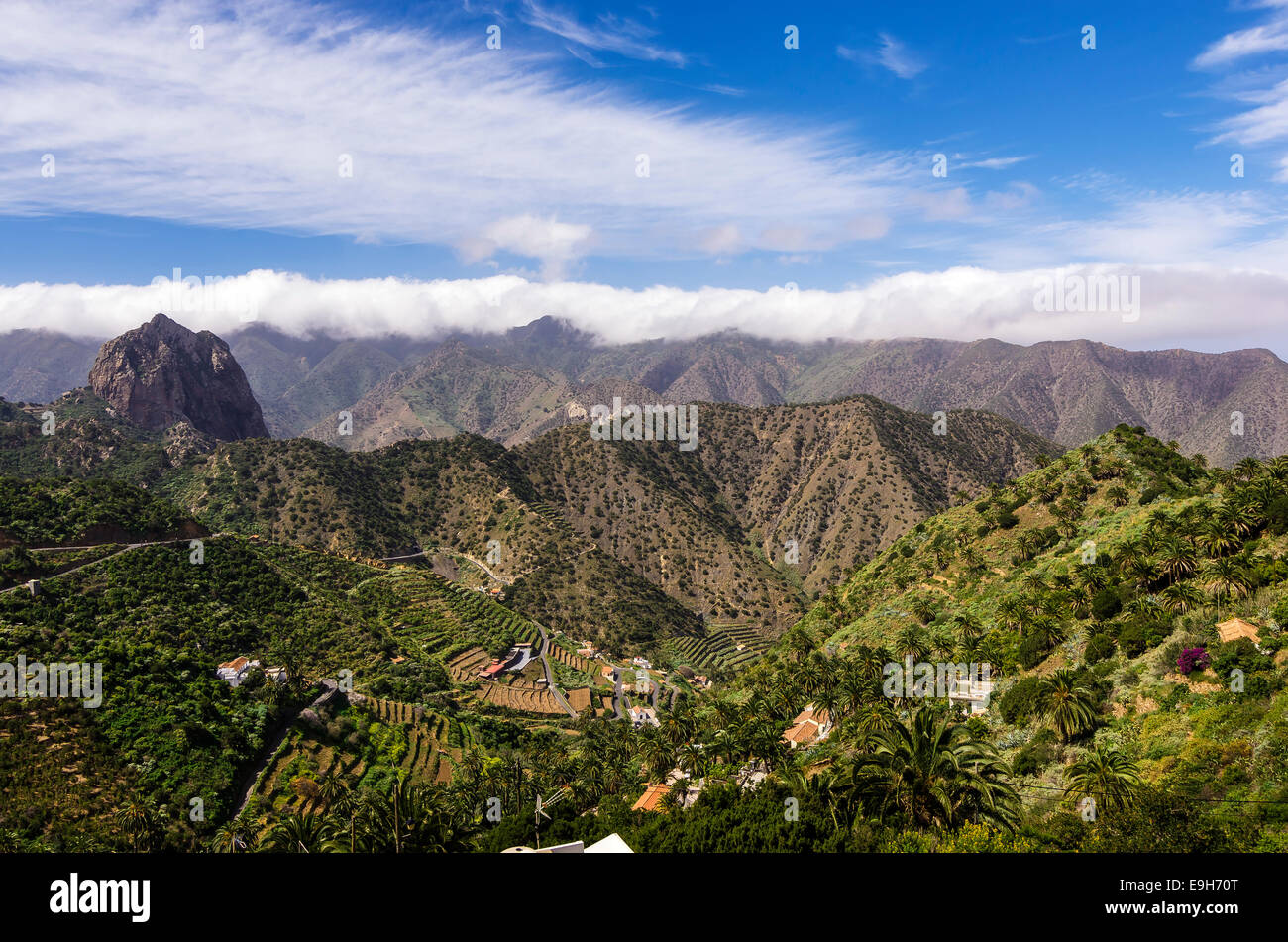Blick auf das Tal und die Berge, Tamargada, La Gomera, Kanarische Inseln, Spanien Stockfoto