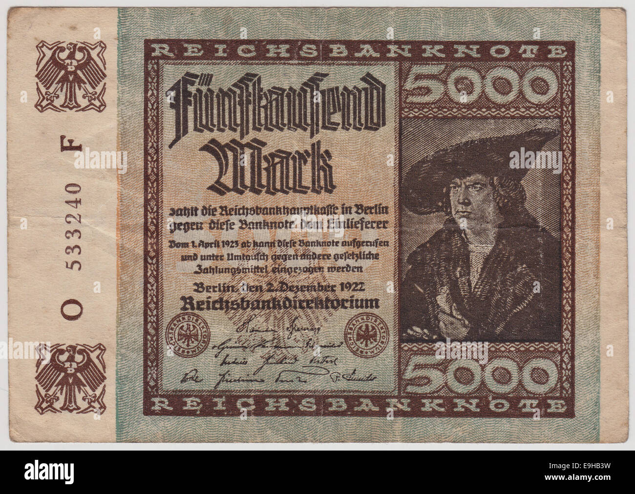 Historische Banknoten, 5000 Mark, vorne, Reichsbanknote aus dem Jahr 1922 Stockfoto
