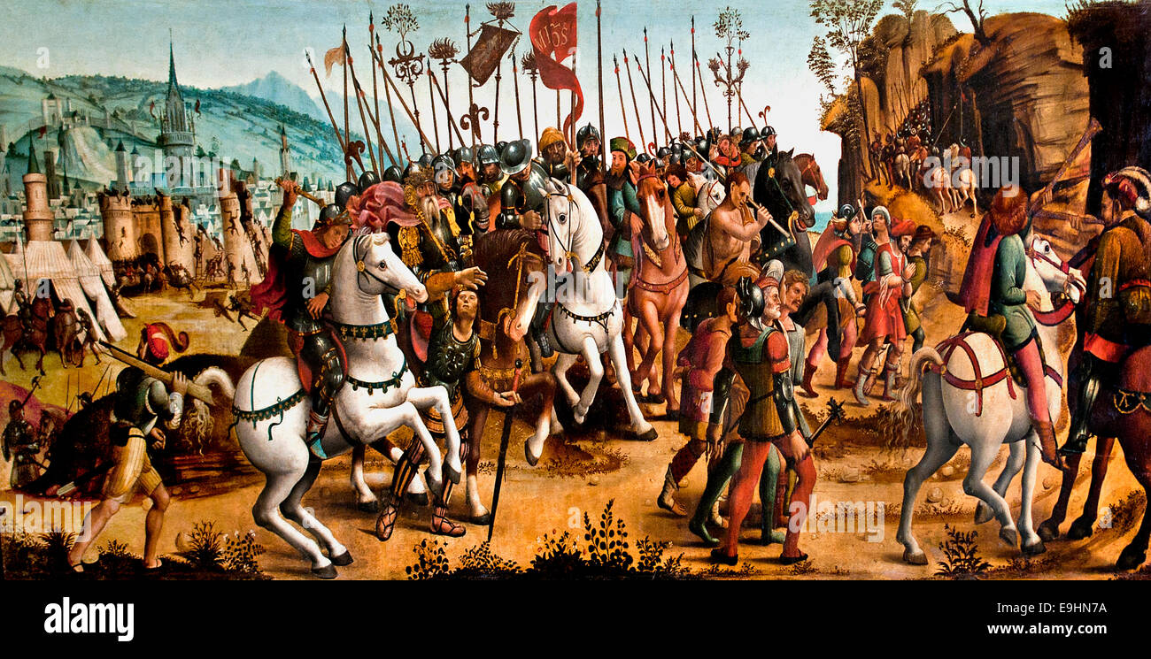 Die Erfassung von Athen von Minos, König von Kreta durch Master Campana Cassoni des 15. Jahrhunderts (französischer Herkunft?)  Italien Italienisch Stockfoto