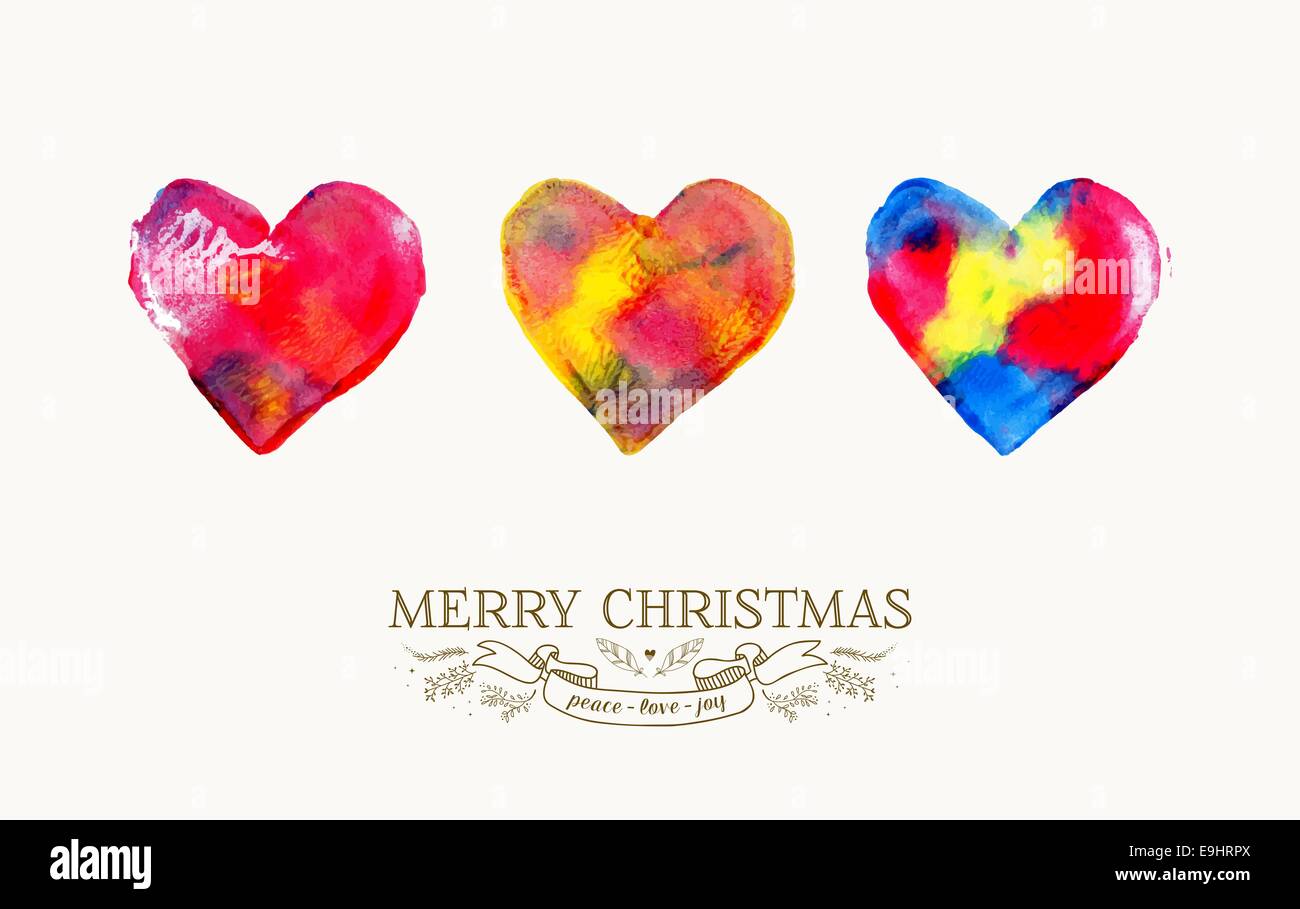 Frohe Weihnachten bunte handgezeichnete Aquarell Herz Liebe Grußkarte c. EPS10 Vektor-Datei in Layer für einfache editin organisiert Stockfoto