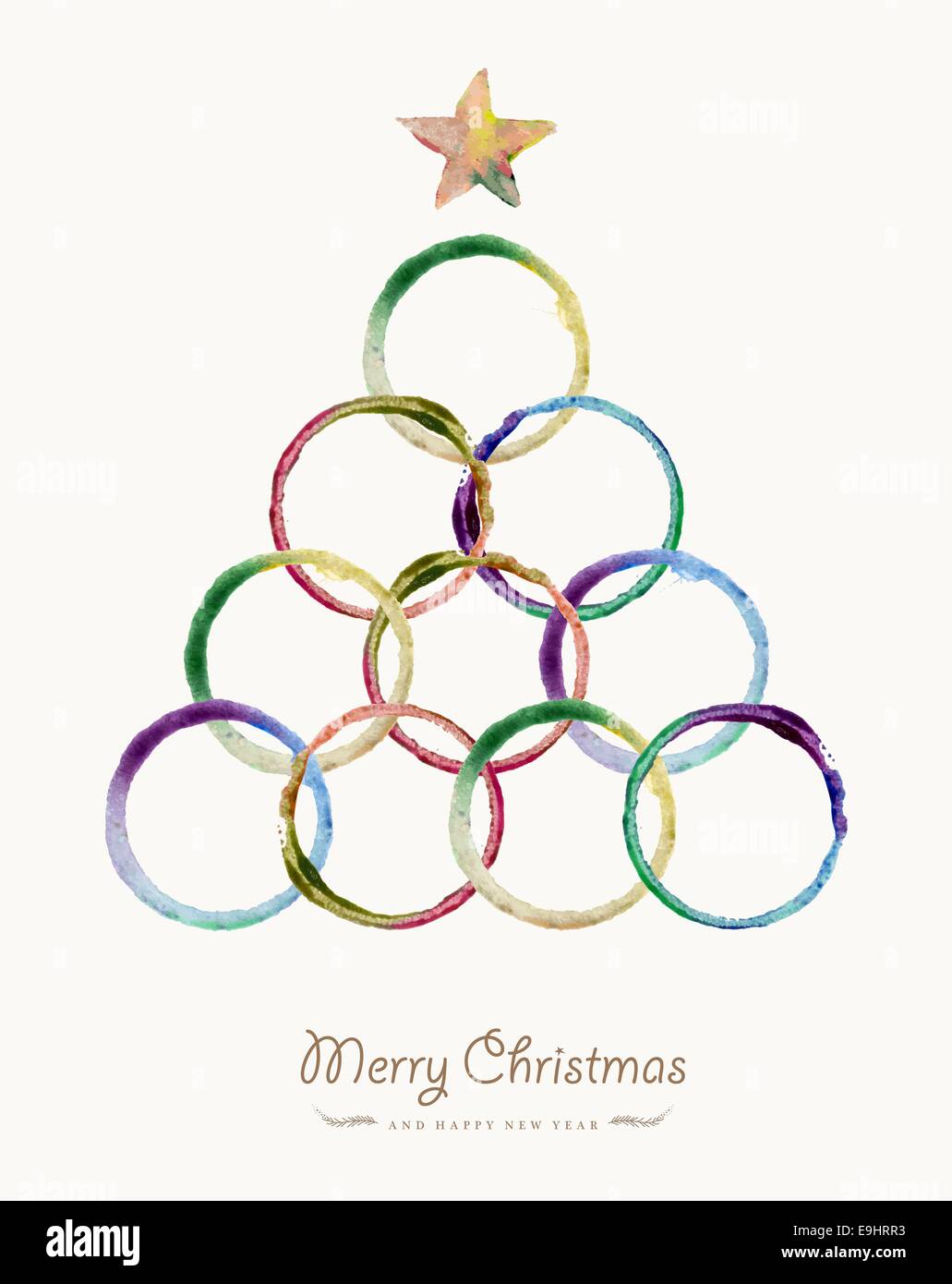 Frohe Weihnachten-Grußkarte mit bunten Kreis Hand gezeichnet Aquarell Baumform. EPS10 Vektor-Datei organisiert in Schichten für e Stockfoto