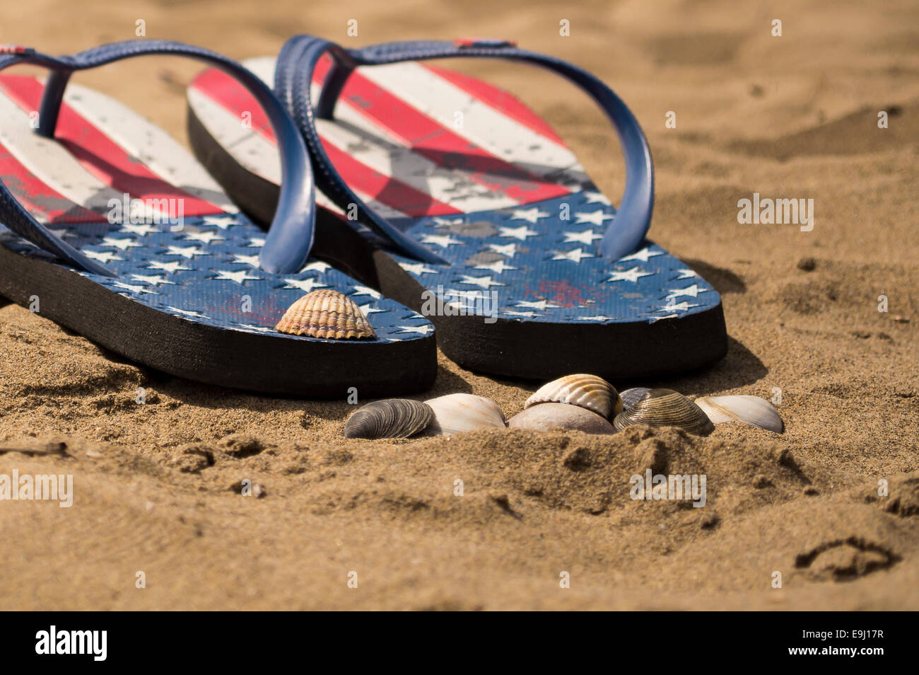 Flip Flops am Strand mit Muscheln und Meer im Hintergrund Stockfoto