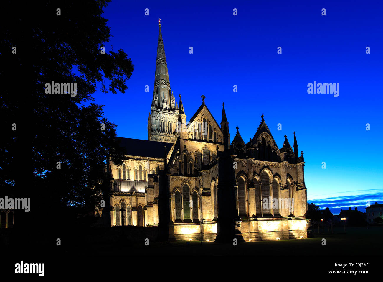 Außenseite des 13. Jahrhundert Salisbury Kathedrale bei Nacht, Stadt Salisbury, Grafschaft Wiltshire, England, UK Stockfoto