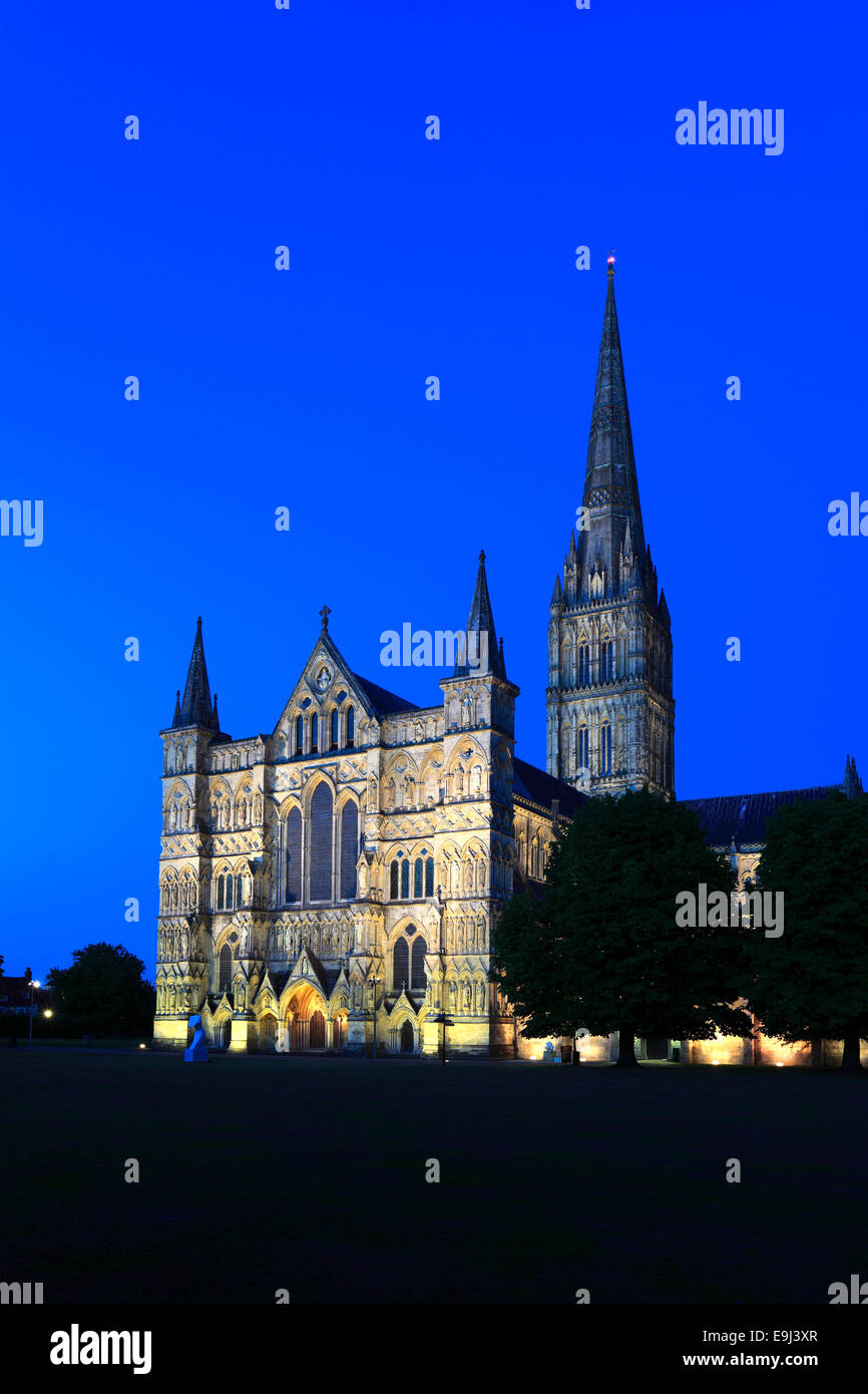 Außenseite des 13. Jahrhundert Salisbury Kathedrale bei Nacht, Stadt Salisbury, Grafschaft Wiltshire, England, UK Stockfoto