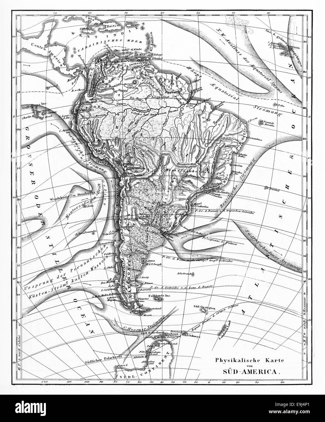 Gravierte Darstellung einer Karte von Südamerika von ikonographische Enzyklopädie der Wissenschaft, Literatur und Kunst, veröffentlicht im Jahre 1851 Stockfoto