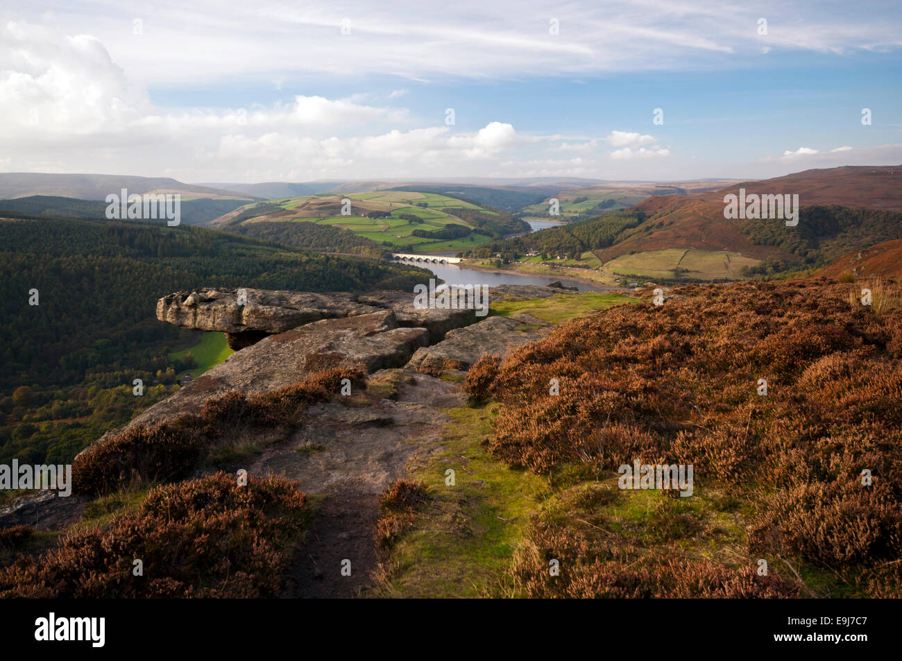 Der Blick von Bamford Edge im Peak District National Park mit Ladybower Vorratsbehälter Derwent unten im Tal. Stockfoto