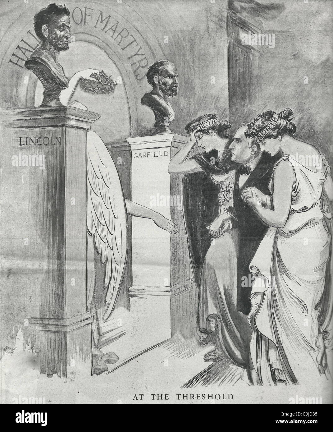 An der Schwelle - politische Karikatur mit Präsident William McKinley in der Halle der Märtyrer mit Büsten von Lincoln und Garfield auf beiden Seiten begrüßt wird 1901 Stockfoto