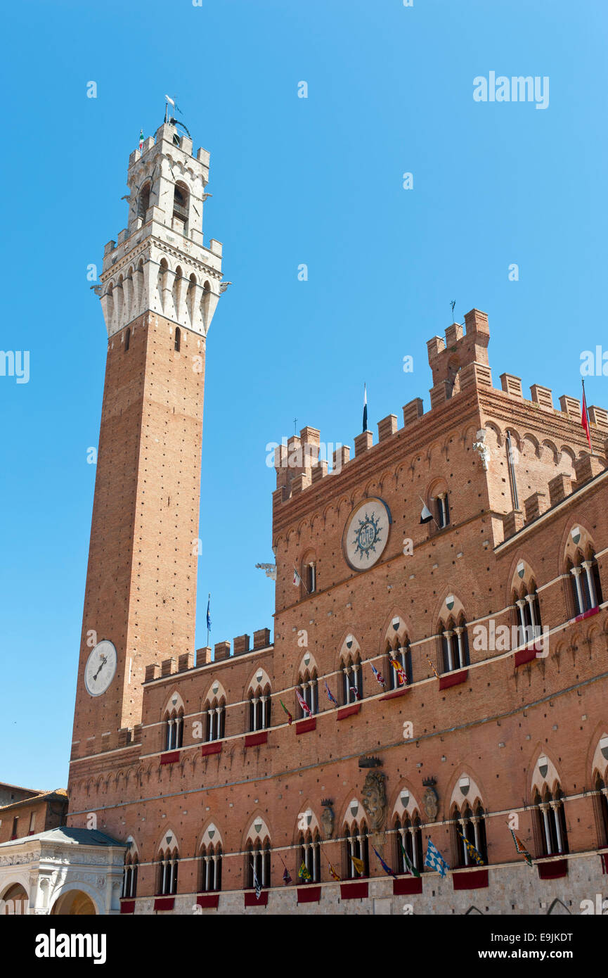 Turm Torre del Mangia des Palazzo Pubblico in Piazza del Campo, Altstadt, Siena, Toskana, Italien Stockfoto