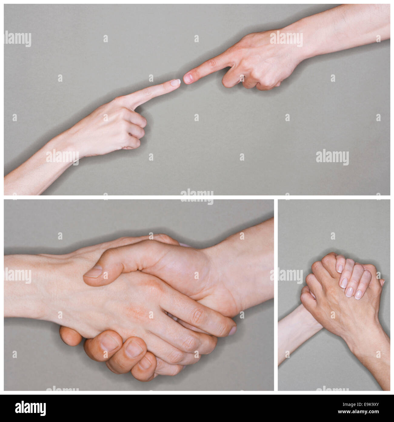Collage aus älteres paar Hände in anderen situation Stockfoto