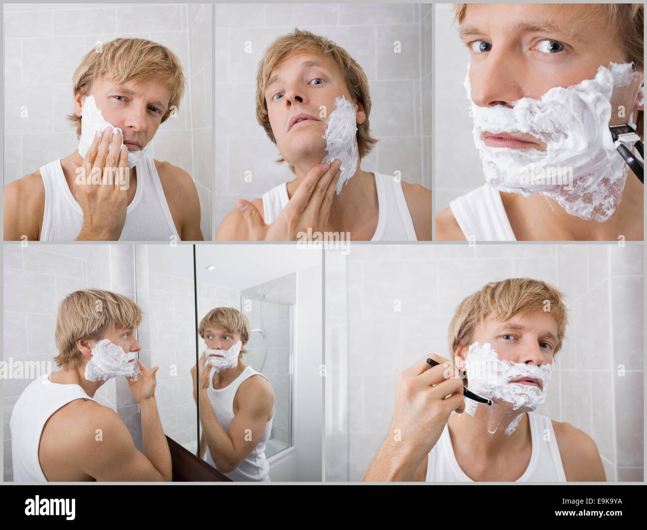Collage aus junger Mann rasieren im Bad Stockfoto