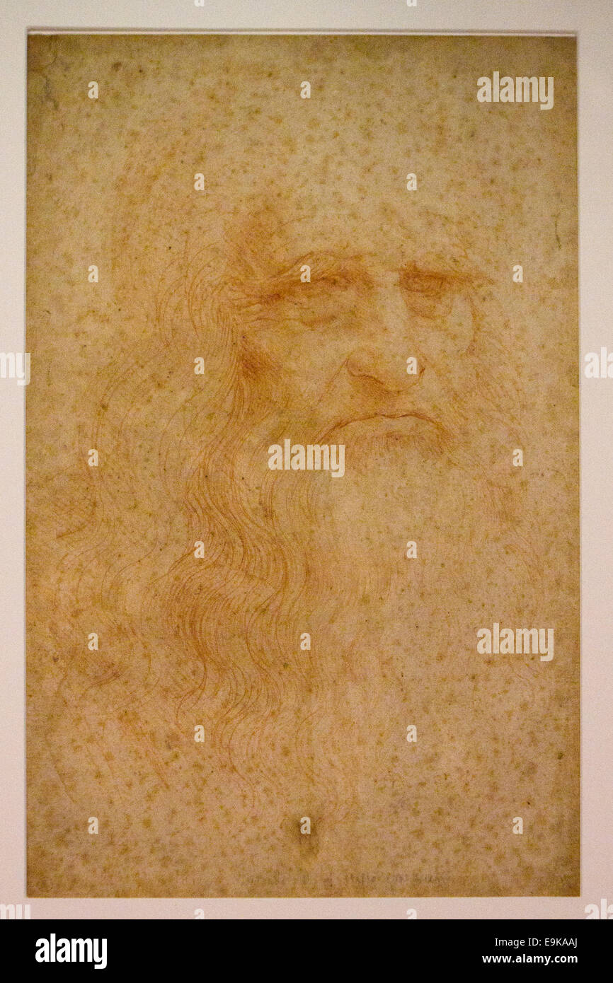 Turin, Italien. 28th. Oktober 2014. Leonardo da Vinci Selbstporträt (Porträt eines Mannes in roter Kreide). In den Gewölben der Königlichen Bibliothek von Turin, Italien, wird eine Ausstellung von Leonardo und anderen Künstlerzeichnungen eröffnet. Stockfoto