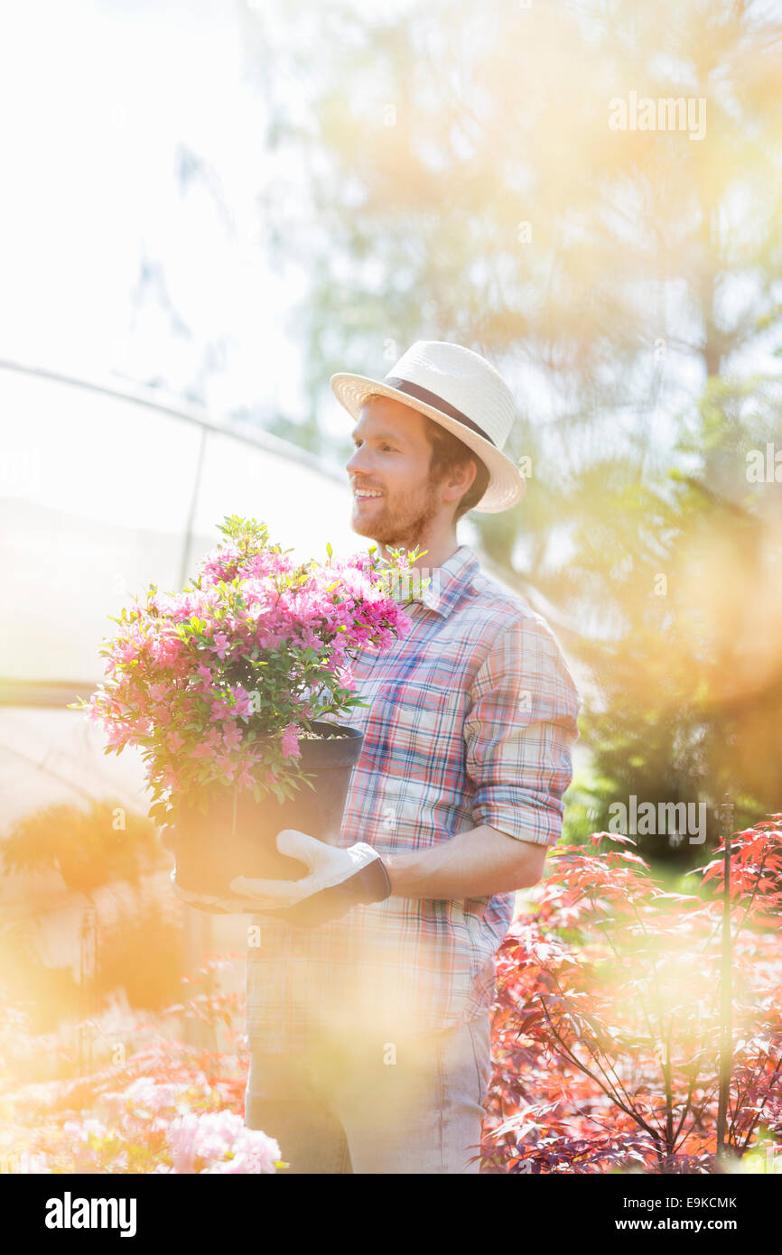 Lächelnde Gärtner wegsehen außerhalb Gewächshaus mit gedrückter Blumentopf Stockfoto