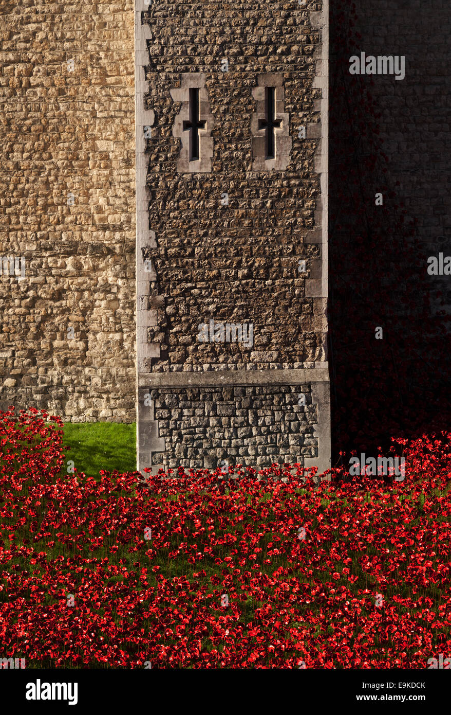 Tower von London Mohn Anzeige als Gedenkstätte für die Toten des Zweiten Weltkriegs 1 (WWI), London, England, Großbritannien Stockfoto