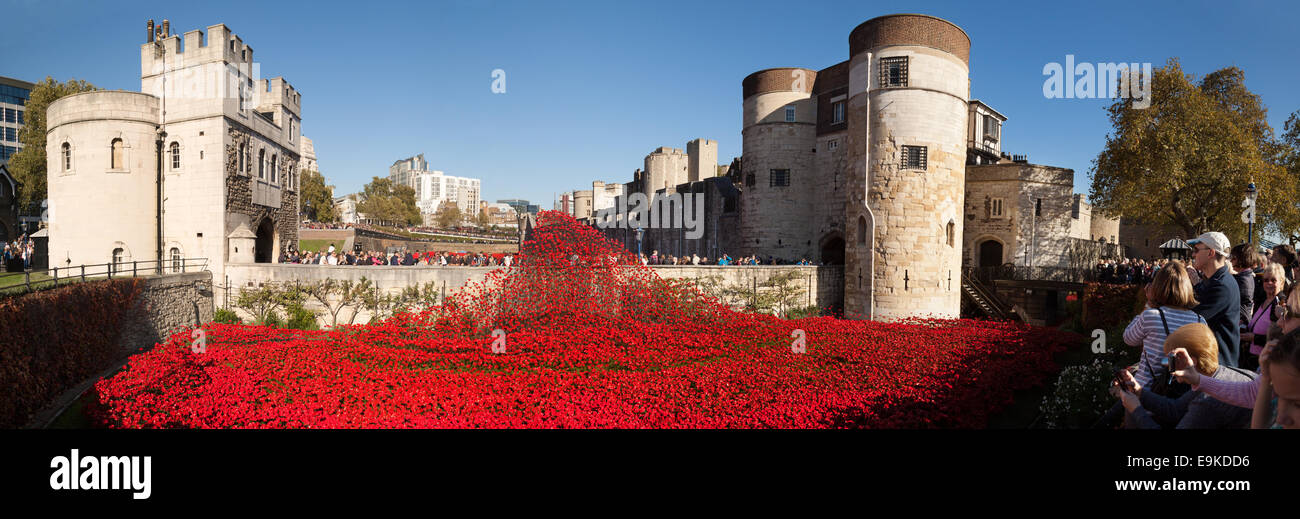 Turm von London Mohnblumen Panorama als Mahnmal für die gefallenen im ersten Weltkrieg (WW1), London England UK Soldaten Stockfoto