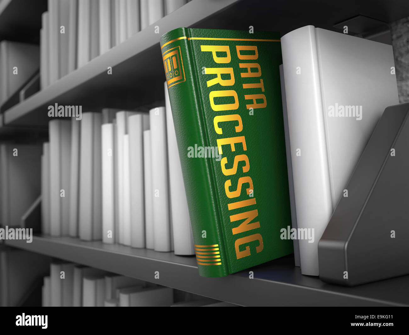 Datenverarbeitung - grüne Buch im Bücherregal zwischen weissen schwarz. Stockfoto