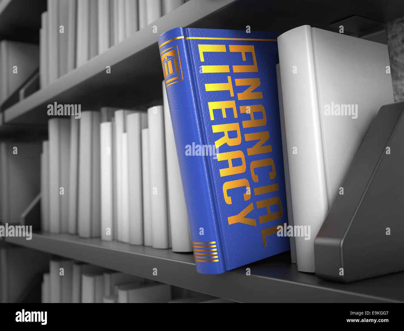 Financial Literacy - blaues Buch im Bücherregal zwischen weissen schwarz. Stockfoto