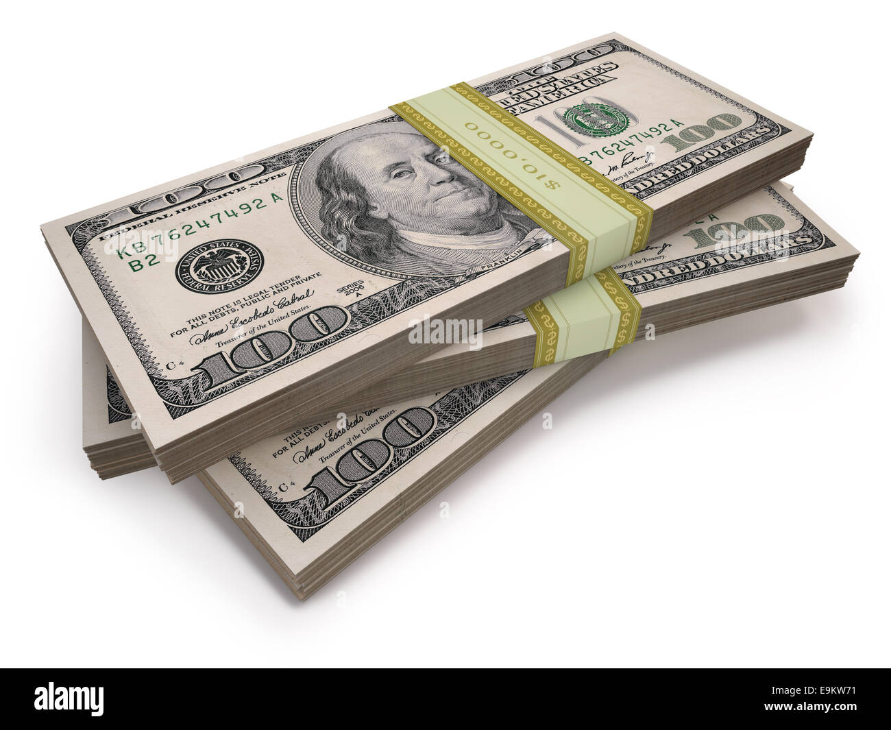 Bündel von 100 US-Dollar-Noten. Clipping-Pfad enthalten. Stockfoto