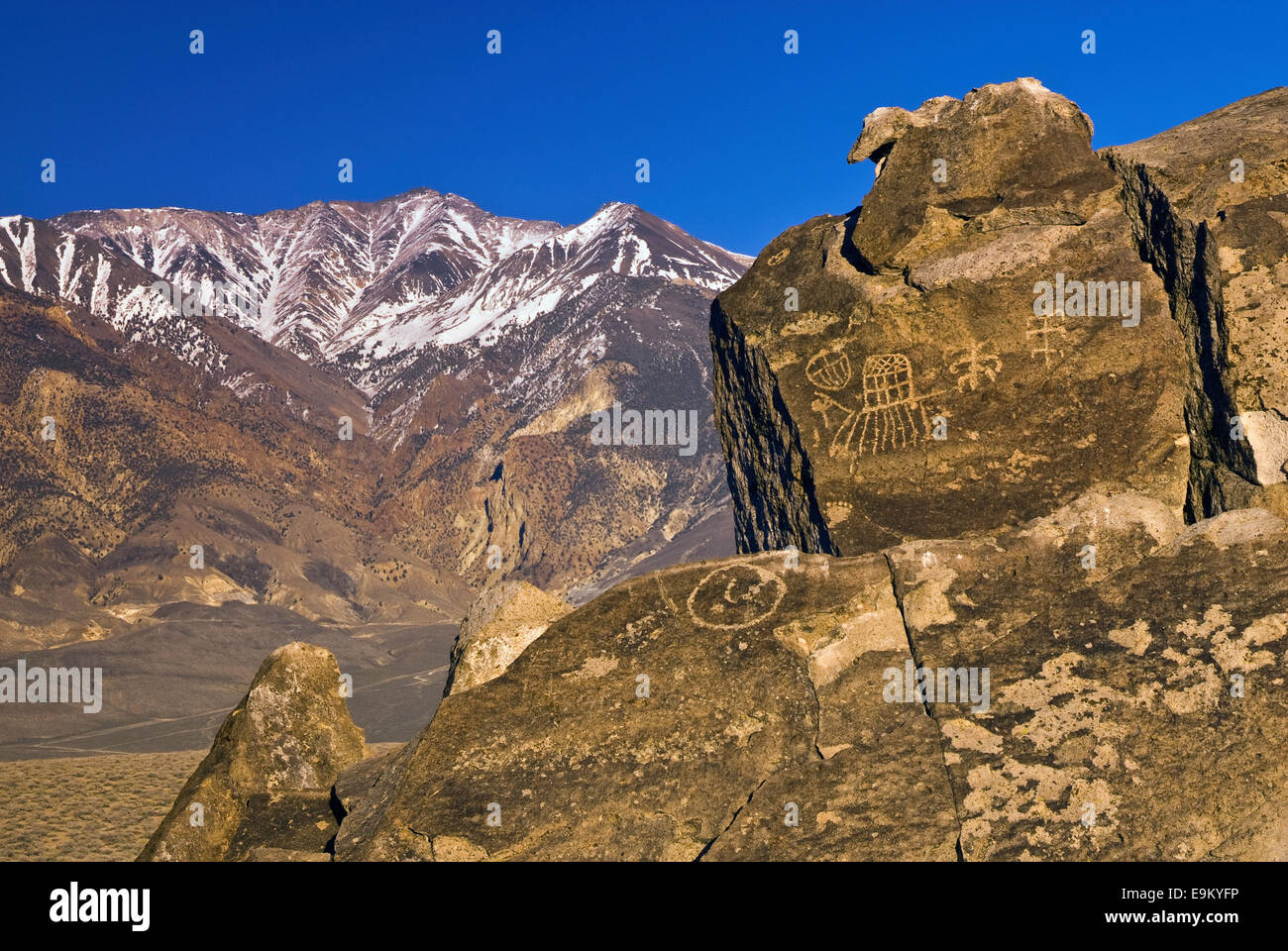 Red Canyon Petroglyphen, weiße Mtns in Dist, Sunset, Fish Slough Road in der Nähe von Bischof, Owens Valley, Mojave-Wüste, Kalifornien, USA Stockfoto