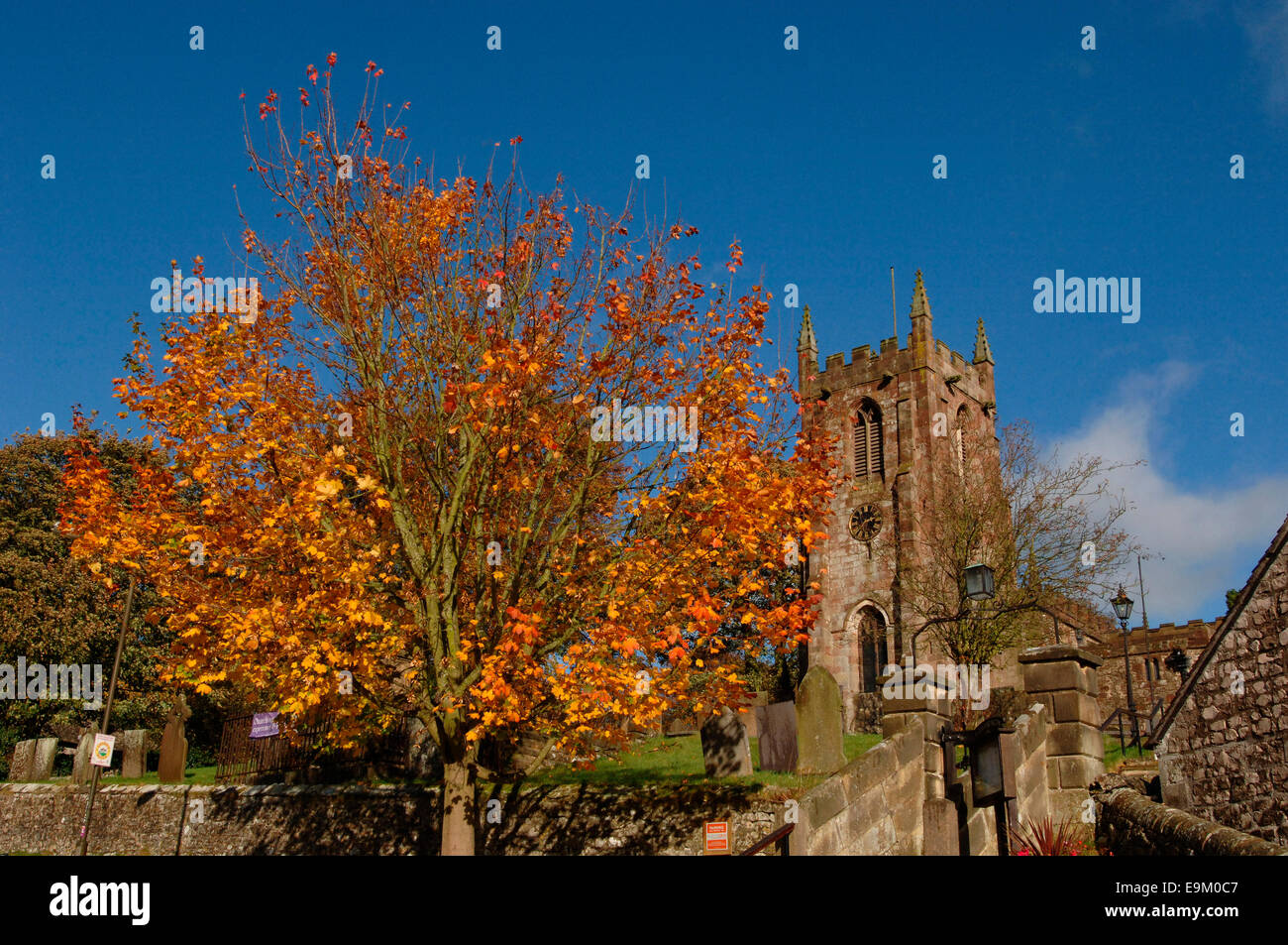 Einen farbigen Herbst Baum, ein Kirchhof & Kirche im Dorf Hartington. Stockfoto