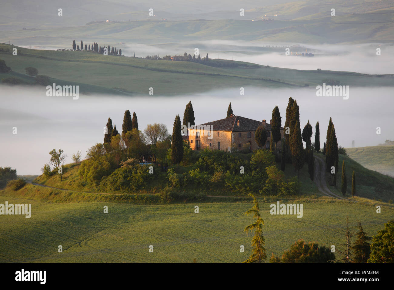 Das Belvedere-Bauernhaus in Val d ' Orcia mit Morgennebel, San Quirico d ' Orcia, Toskana, Italien Stockfoto