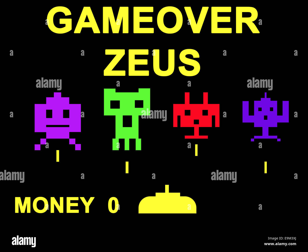 GameOver Zeus Virus Konzept mit Space Invaders Spiel. Stockfoto