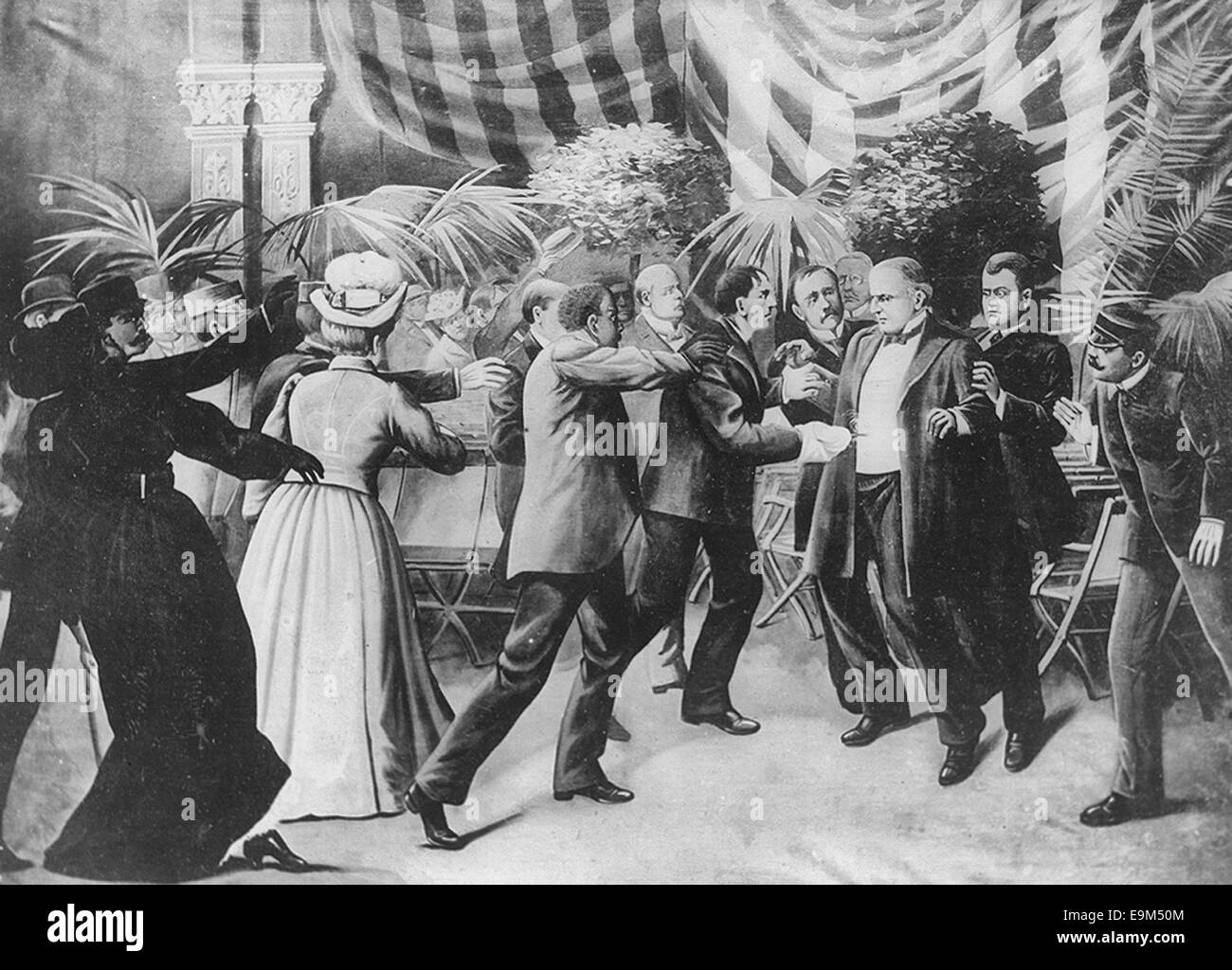 Attentat auf Präsident McKinley - Leon Czolgosz erschießt Präsident McKinley mit einem verdeckten Revolver an der Pan-American Exposition Rezeption, 6. September 1901 Stockfoto
