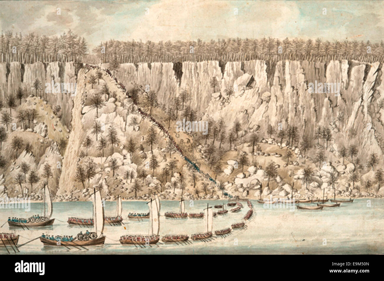 Darstellung der britischen Landung auf die Palisaden in der Nähe von Fort Lee, New Jersey während des Unabhängigkeitskrieges der USA Stockfoto