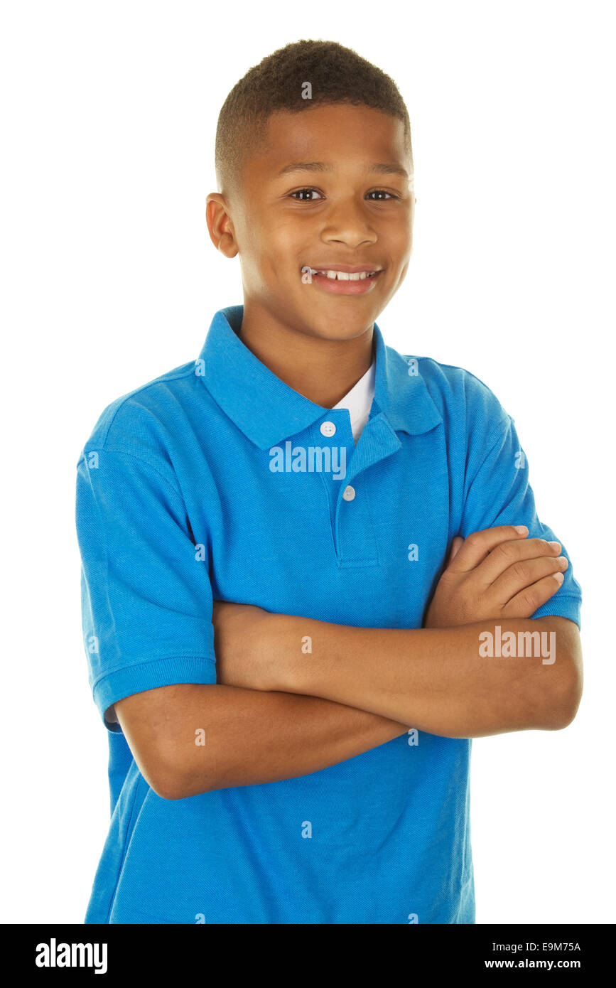 Hübsche elfjährige African American Boy lächelnd auf weißem Grund Stockfoto Hübsche elfjährige African American Boy lächelnd auf weißem Grund Stockfoto
