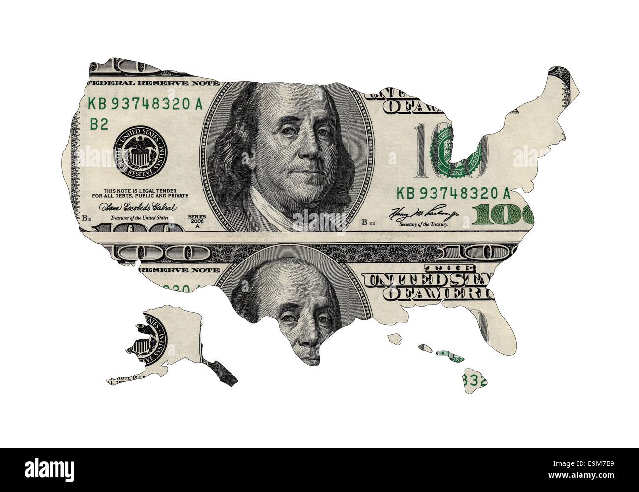 Karte von USA geprägt von US-Dollar-Geldschein Stockfoto