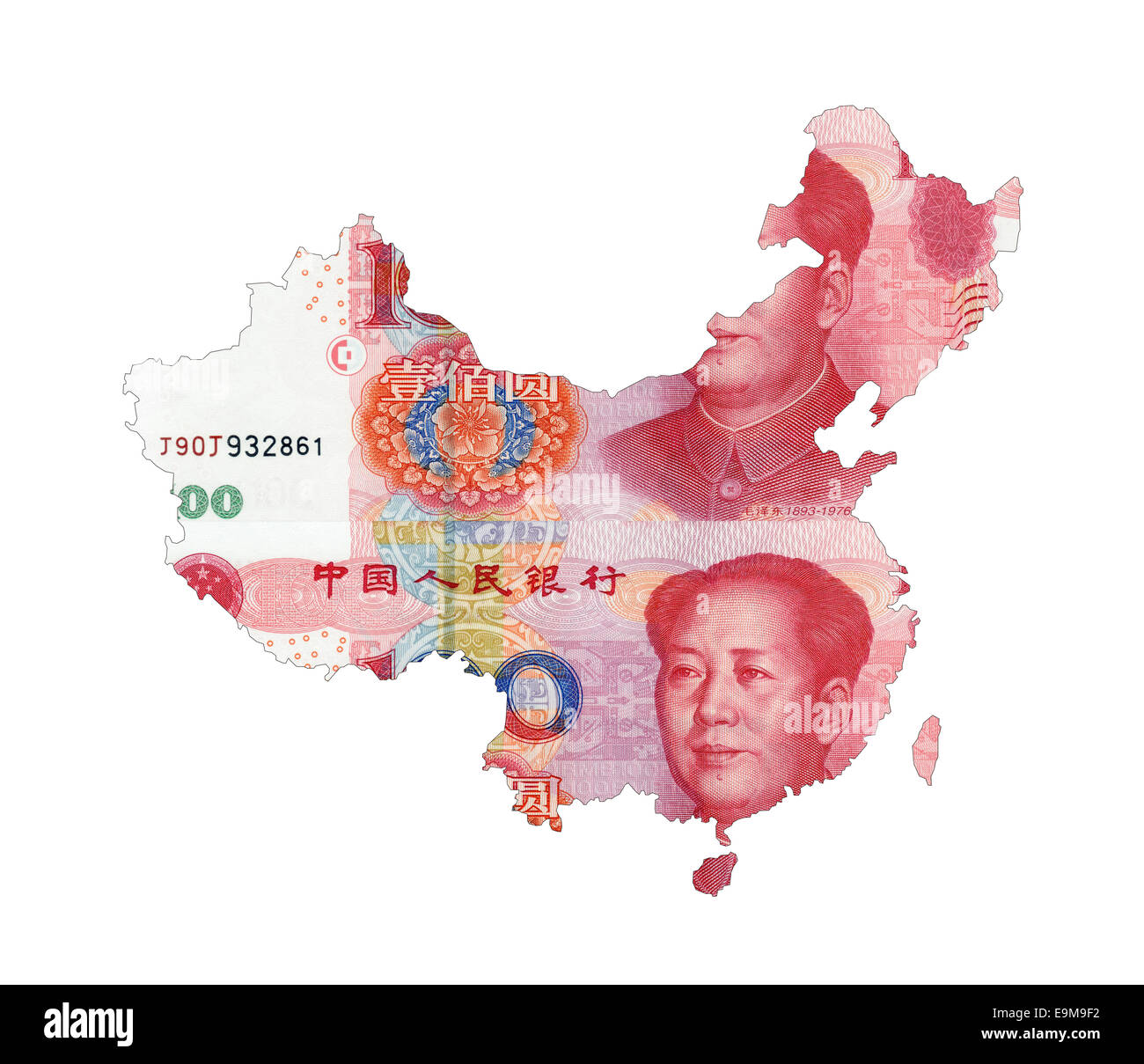 Karte von CHINA geprägt von RMB Papierwährung Stockfoto