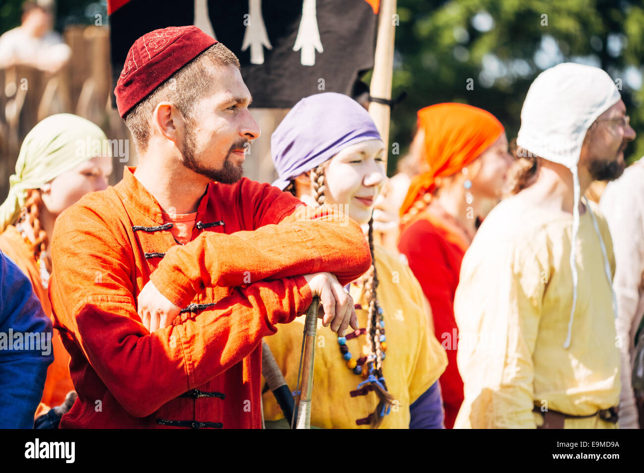 Krieger-Teilnehmer des VI Festival der mittelalterlichen Kultur 'Our Grunwald' 604 Jahrestag der Schlacht, Minsk, Belarus Stockfoto